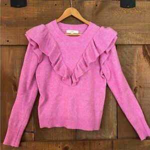LOFT Pink Crew Neck Sweater with Ruffle Detail
